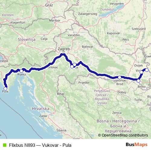 Flixbus N893 bus Line Map