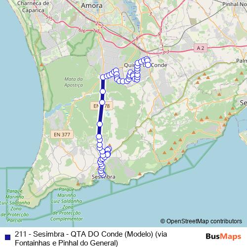 211 - Sesimbra - QTA DO Conde (Modelo) (via Fontainhas e Pinhal do General) bus Line Map