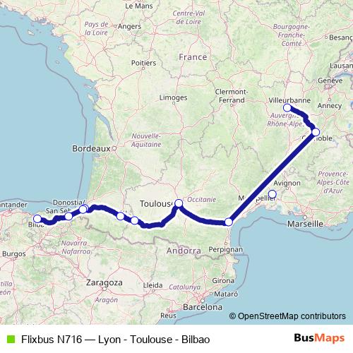 Flixbus N716 bus Line Map