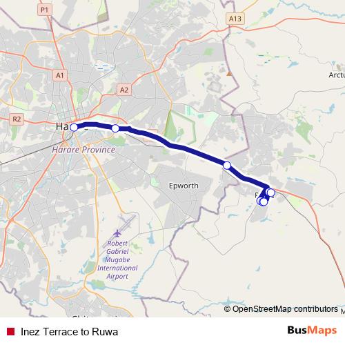Inez Terrace to Ruwa bus Line Map
