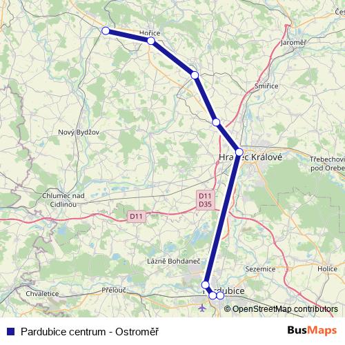 Pardubice centrum - Ostroměř rail Line Map