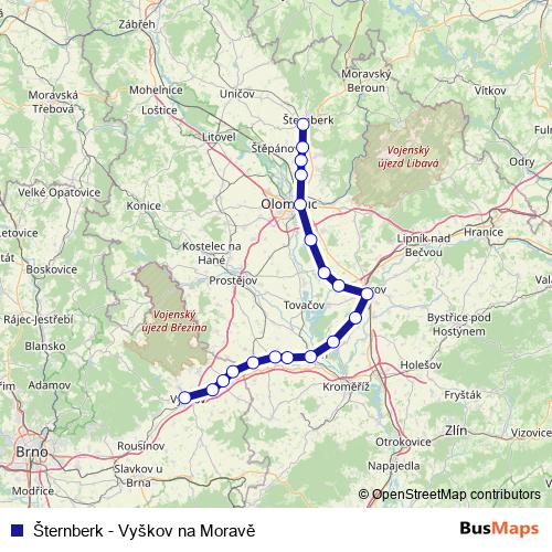 Šternberk - Vyškov na Moravě rail Line Map