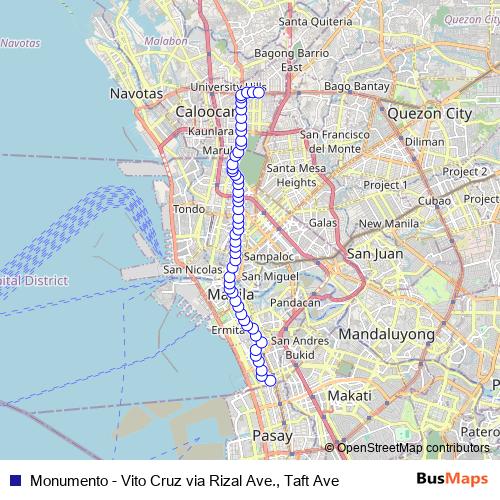 Monumento - Vito Cruz via Rizal Ave., Taft Ave bus Line Map