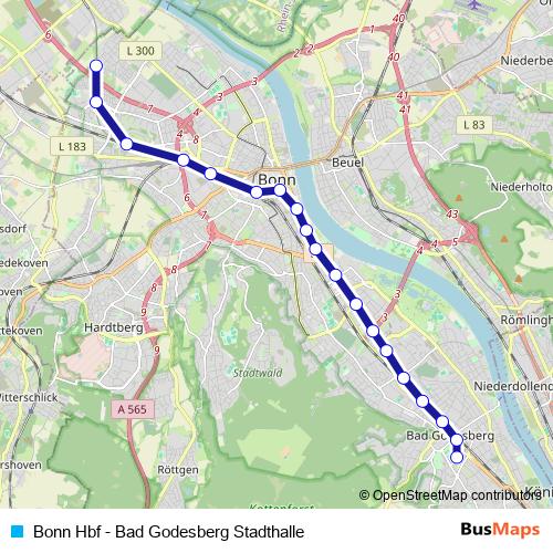 Bonn Hbf - Bad Godesberg Stadthalle tram Line Map