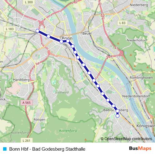 Bonn Hbf - Bad Godesberg Stadthalle tram Line Map