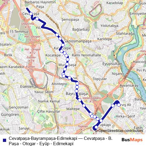 Cevatpaşa-Bayrampaşa-Edirnekapi bus Line Map