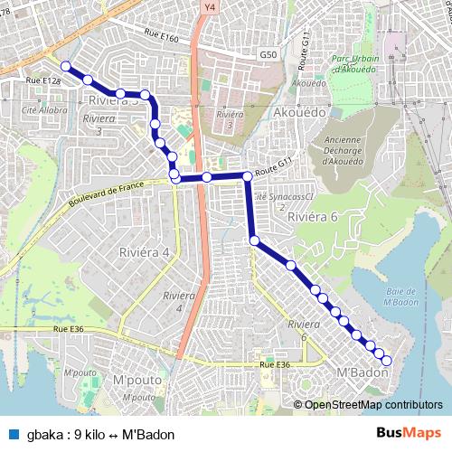 gbaka : 9 kilo ↔ M'Badon bus Line Map