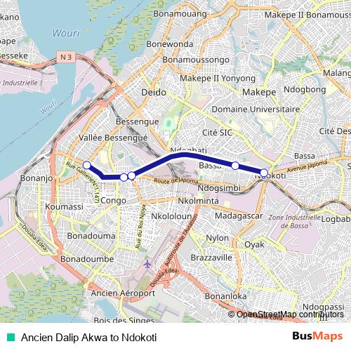 Ancien Dalip Akwa to Ndokoti bus Line Map