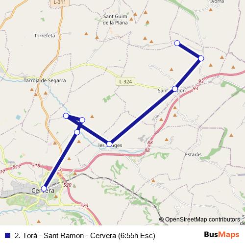 2. Torà - Sant Ramon - Cervera (6:55h Esc) bus Line Map