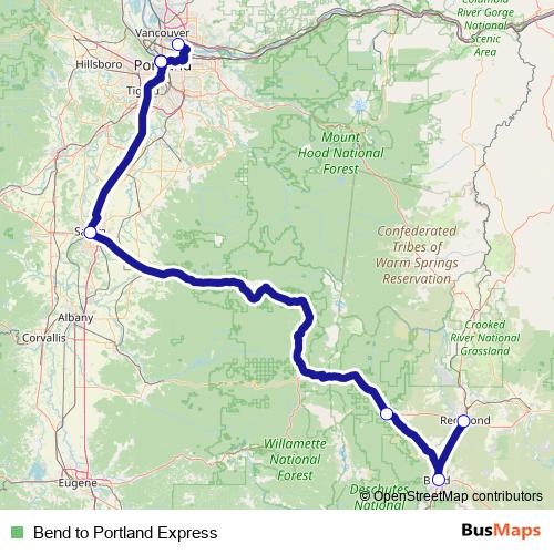 Bend to Portland Express bus Line Map