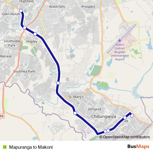 Mapuranga to Makoni bus Line Map