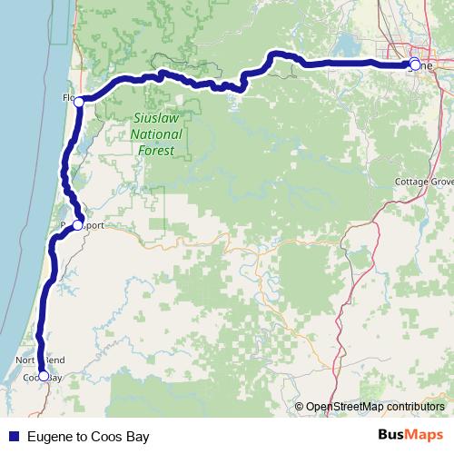 Eugene to Coos Bay bus Line Map