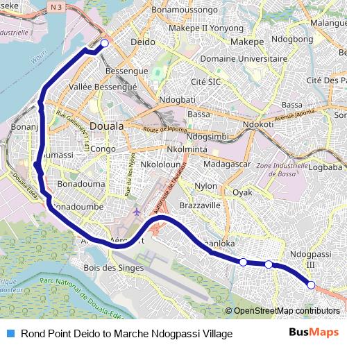 Rond Point Deido to Marche Ndogpassi Village bus Line Map