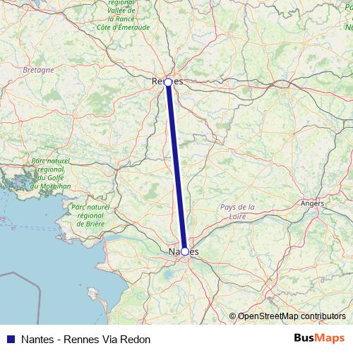 Nantes - Rennes Via Redon rail Line Map