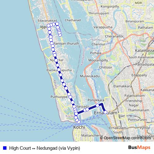 High Court ↔ Nedungad (via Vypin) bus Line Map