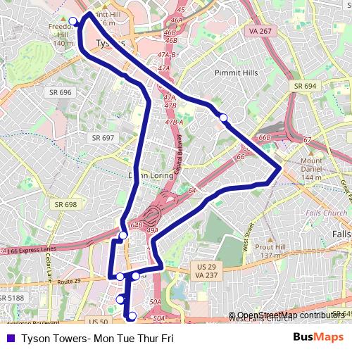 Tyson Towers- Mon Tue Thur Fri bus Line Map