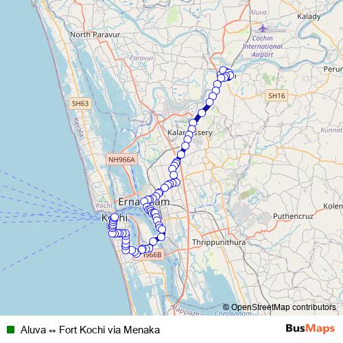 Aluva ↔ Fort Kochi via Menaka bus Line Map