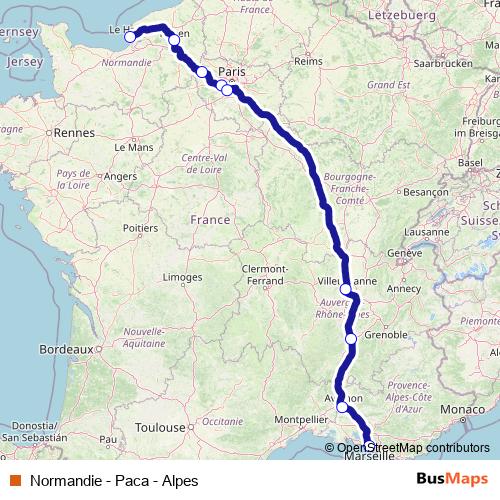Normandie - Paca - Alpes rail Line Map
