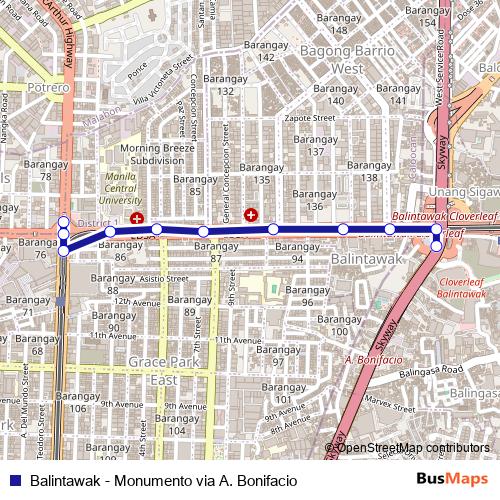 Balintawak - Monumento via A. Bonifacio bus Line Map