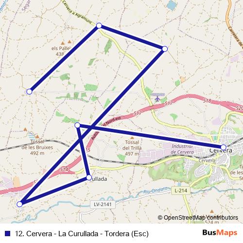 12. Cervera - La Curullada - Tordera (Esc) bus Line Map