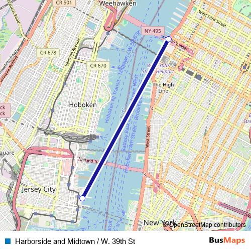 Harborside and Midtown / W. 39th St ferry Line Map