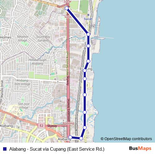 Alabang - Sucat via Cupang (East Service Rd.) bus Line Map