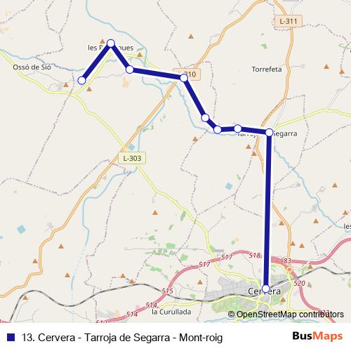 13. Cervera - Tarroja de Segarra - Mont-roig bus Line Map