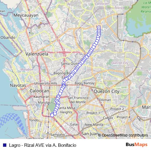 Lagro - Rizal AVE via A. Bonifacio bus Line Map