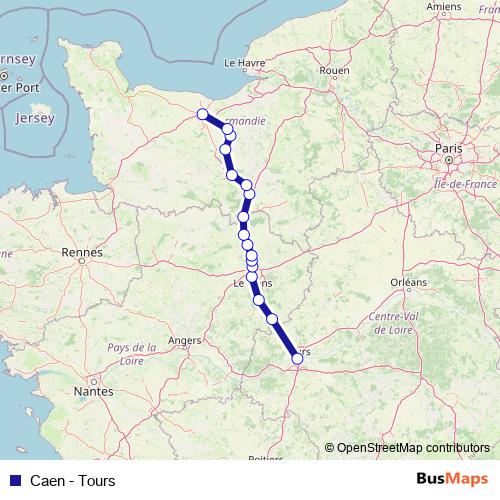 Caen - Tours rail Line Map