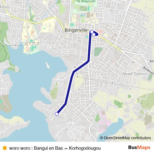 woro woro : Bangui en Bas ↔ Korhogodougou bus Line Map