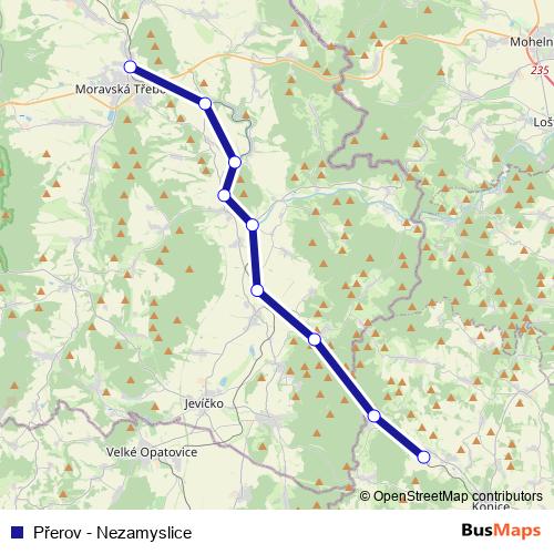 Přerov - Nezamyslice rail Line Map