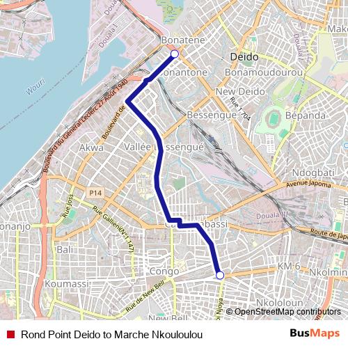 Rond Point Deido to Marche Nkouloulou bus Line Map