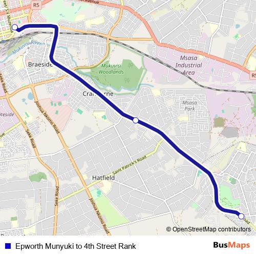 Epworth Munyuki to 4th Street Rank bus Line Map