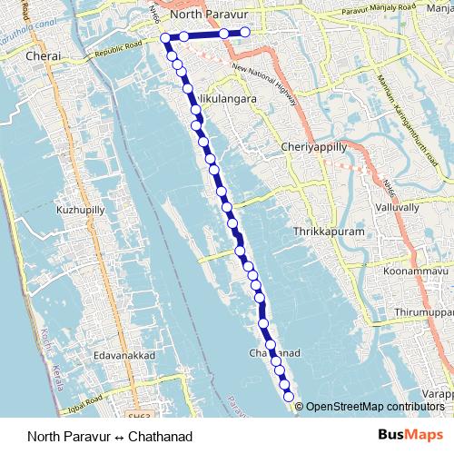 North Paravur ↔ Chathanad bus Line Map
