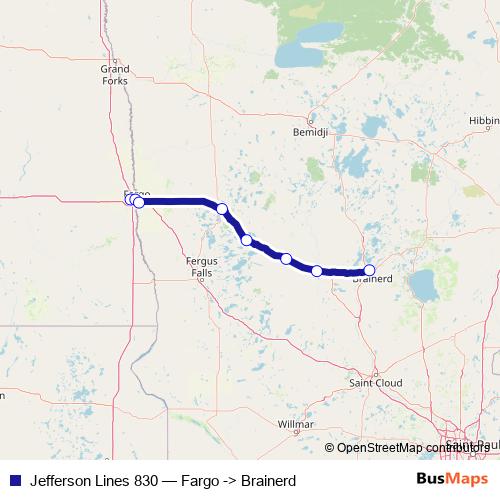 Jefferson Lines 830 bus Line Map