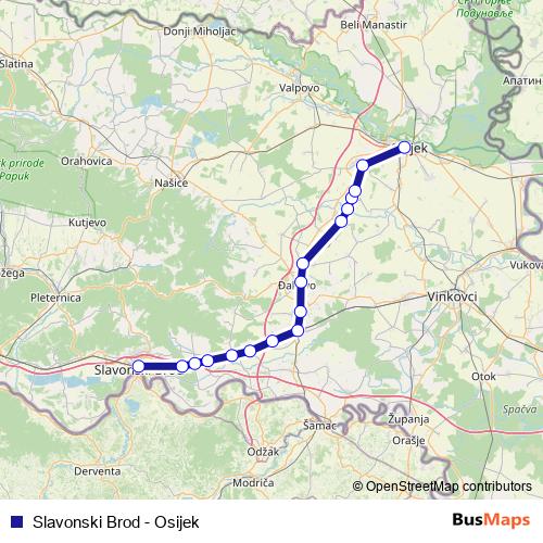 Slavonski Brod - Osijek rail Line Map