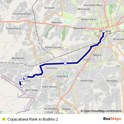 Copacabana Rank to Budiriro 2 bus Line Map