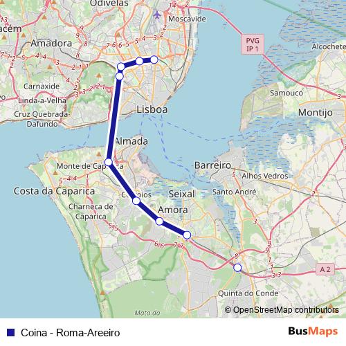 Coina - Roma-Areeiro rail Line Map
