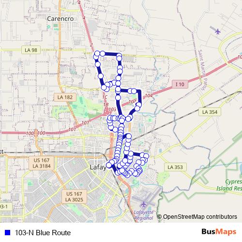 103-N Blue Route bus Line Map