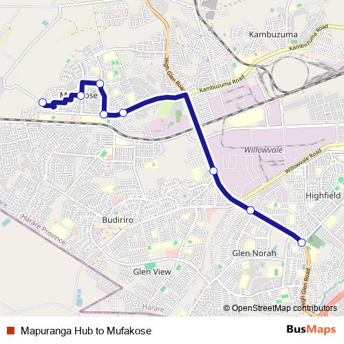 Mapuranga Hub to Mufakose bus Line Map