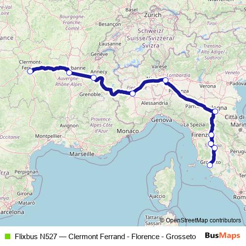 Flixbus N527 bus Line Map