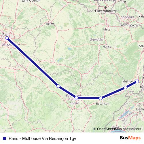 Paris - Mulhouse Via Besançon Tgv rail Line Map