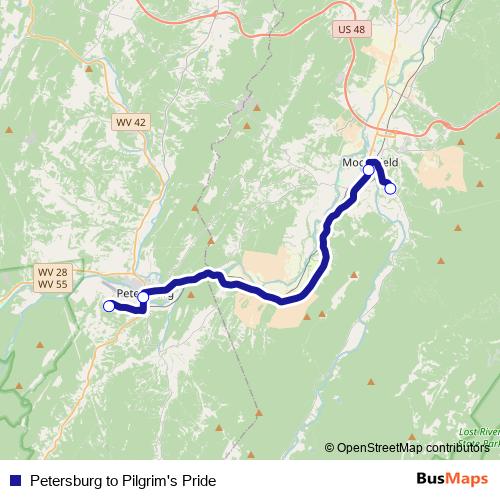 Petersburg to Pilgrim's Pride bus Line Map