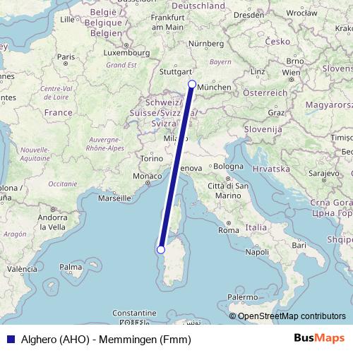 Alghero (AHO) - Memmingen (Fmm) air Line Map