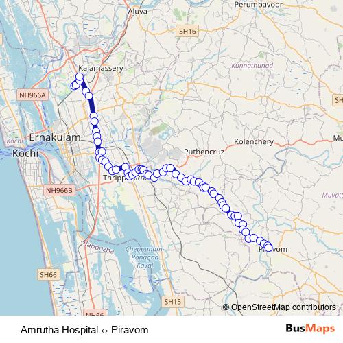 Amrutha Hospital ↔ Piravom bus Line Map