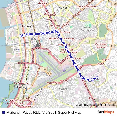 Alabang - Pasay Rtda. Via South Super Highway bus Line Map