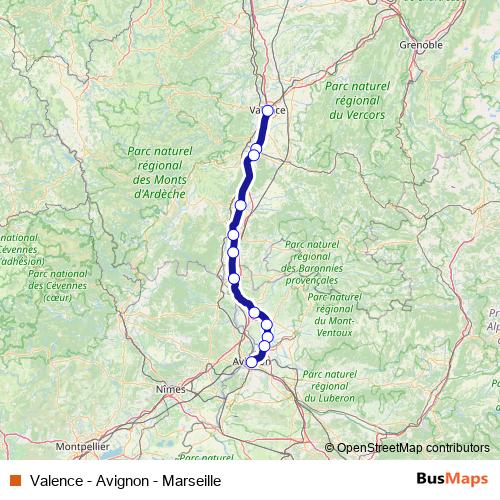 Valence - Avignon - Marseille rail Line Map