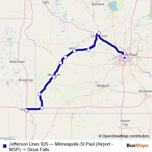 Jefferson Lines 925 bus Line Map