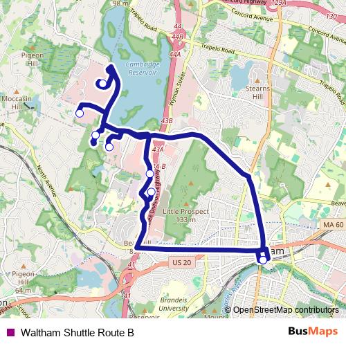 Waltham Shuttle Route B bus Line Map