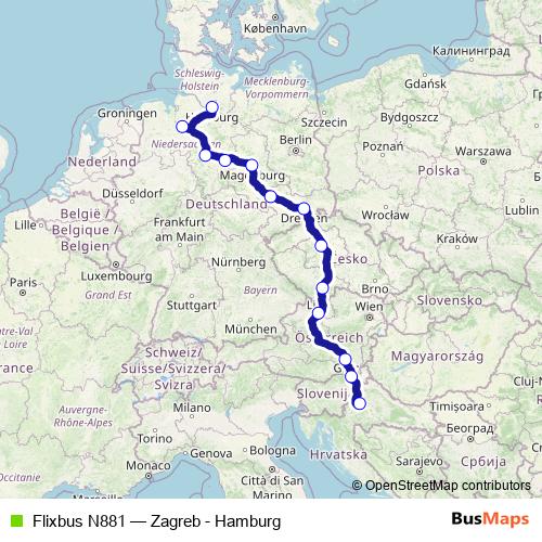 Flixbus N881 bus Line Map